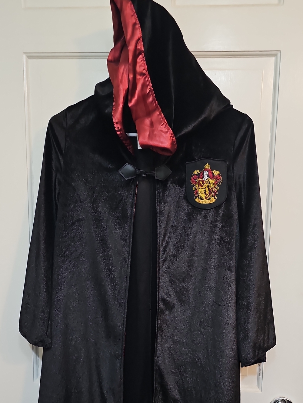 Kids Black Hooded Wizard Cloak with Red Lining and Crest Patch